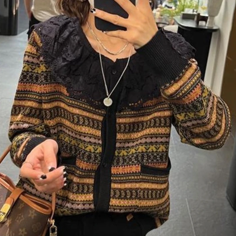 

Korean Fashion Knitted Cardigan Woman Lace Peter Pan Collar Long Sleeve Loose Soft Cardigans Colorblock Sweater Dropshipping