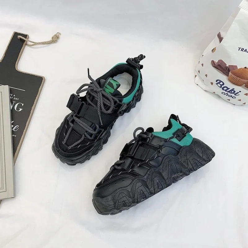 Fashion Buckle Chunky Sneakers Women 2022 Breathable Mesh Thick Sole Platform Sneakers Woman Lace Up Running Casual ShoesWomen's
