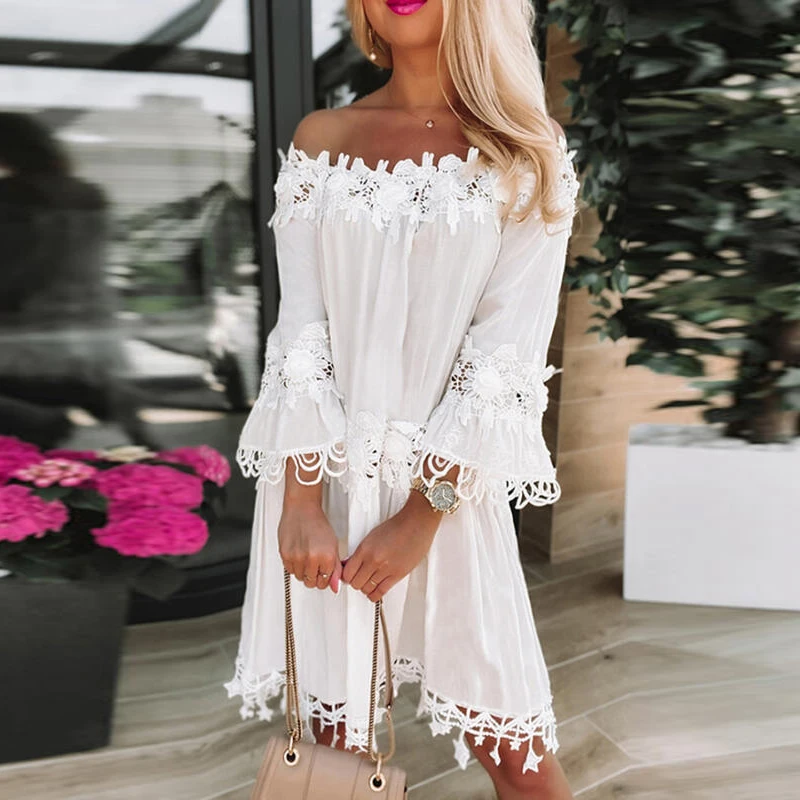 

Sexy Hollow Embroidery Flared Sleeve Party Dress Sweet Solid Beach Dress Women Slash Neck Strapless Lace Stitching Holiday Dress