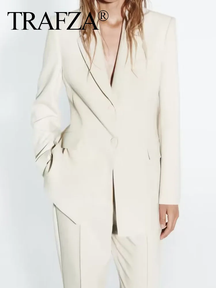 

TRAF ZA Fashion Casual Women Office Straight Blazers Beige Button Jacket Woman Elegant Coats Long Sleeve Shoulder Pads Blazer