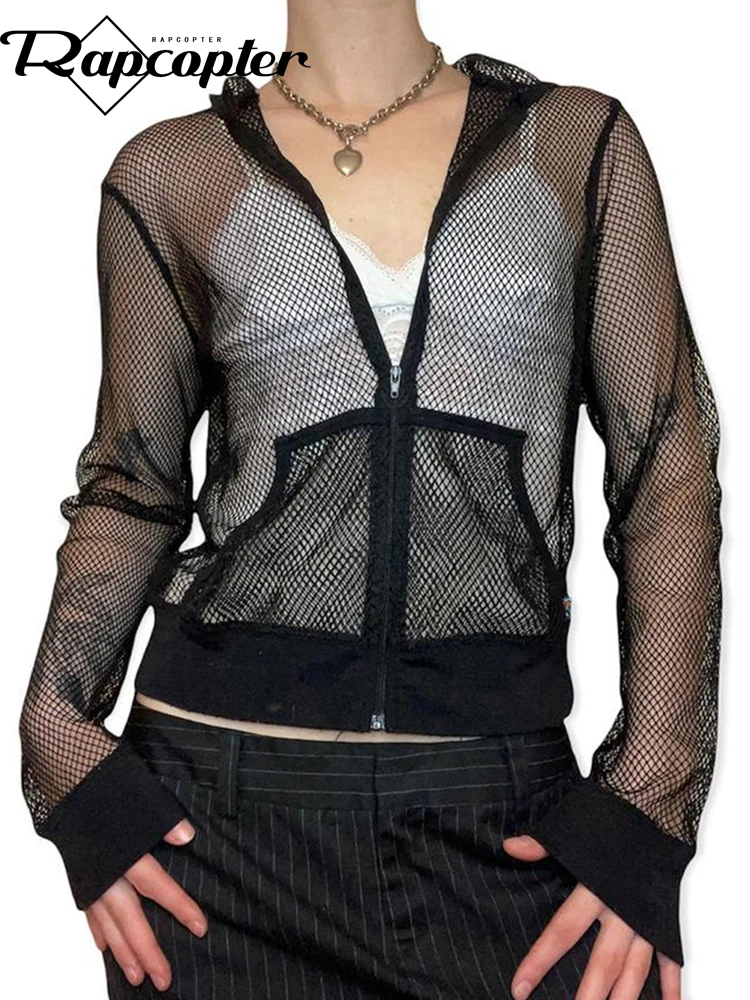 

Укороченные куртки Rapcopter Y2K с дырками, модная уличная одежда на молнии с длинным рукавом и капюшоном, пальто гранж-панк, женская одежда с карм...