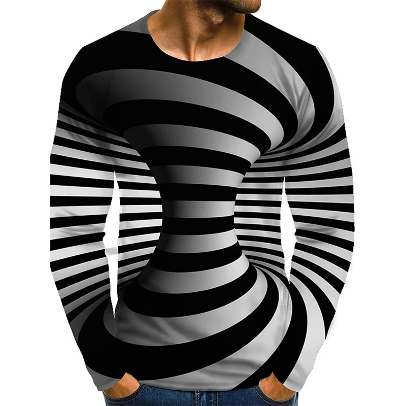 

2021 Men's Optical Illusion Graphic Plus Size T-Shirt Print Daily Long Sleeve Tops Exaggerated Around Neck Rainbow Streetwear