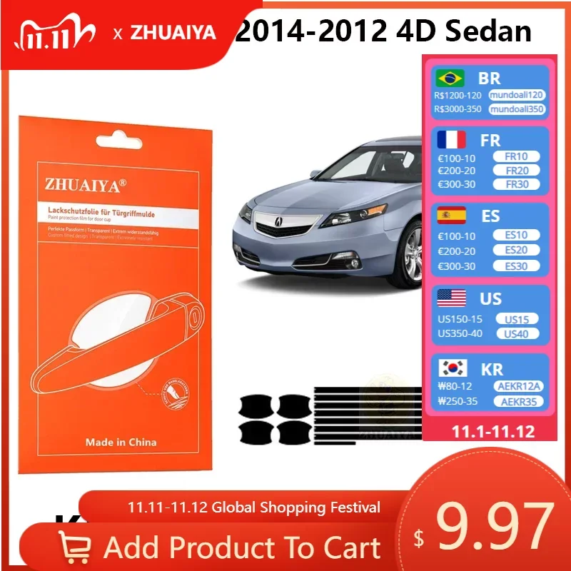 

Защита для края двери ZHUAIYA, защитная пленка для ручки двери, ТПУ PPF для Acura TL 2014-2008 4D, автомобильные аксессуары для седана