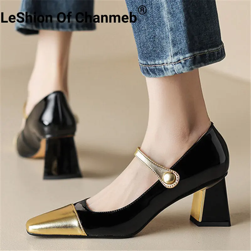

LeShion Of Chanmeb High Quality Real Leather Women Designer Mix-color Pumps Thick High Heels Mary Janes Shoes Ladies 2023 Spring