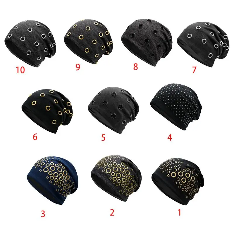 

Men Womens Winter Knitted Beanie Hat Hip Hop Punk Style Metal Circle Ring Studded Rivets Stretch Slouchy Skull Cap