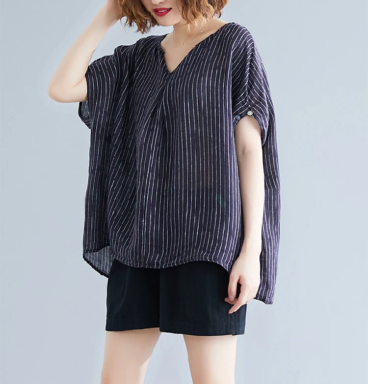 Oladivi Oversized Short Sleeve Cotton Linen Striped Blouses Women Summer 2022 New Casual Loose Shirts Girl Big Tops Tunic Blusas |