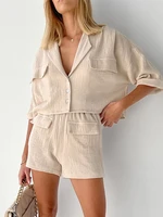 women spring summer 2022 loose fit solid khaki 2 two piece set elegant fashion outfits blouse shorts sets for women