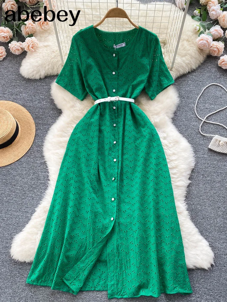

Vintage Hollow Out Lace Long Dress Women Elegant O-Neck Single Breasted Short Sleeve High Waist Blue/Green Maxi Robe Summer