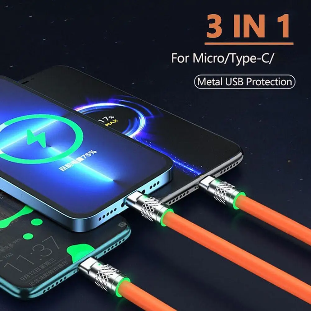 GAMWING 3-в-1 Кабель Для Быстрой Зарядки 120 Вт Металлический USB Micro Type-C Смартфонов iPhone