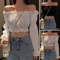 women top off shoulder navel leakage long puff sleeve boat neck bandeau pleated casual summer tube top t shirt club wear