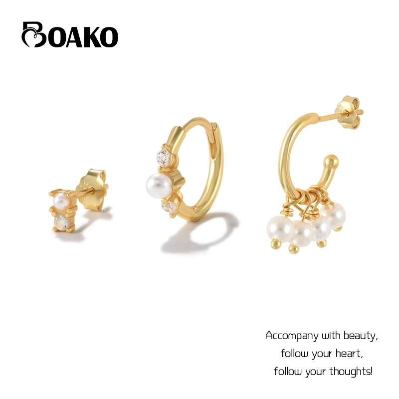 

BOAKO 925 Silver Multi-Piece Pearl Pierced Cartilage Zircon Earrings Set For Women Jewelry 18k Gold Stud Earrings Aretes Brincos