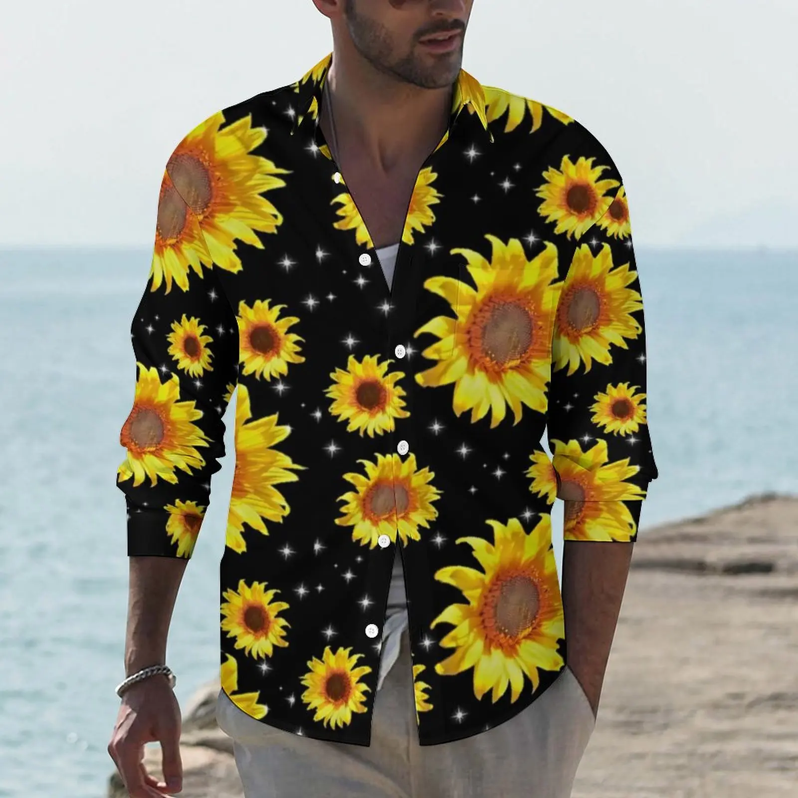 

Sunflower Art Aesthetic Casual Shirt Mens The Stars of Sunflowers Print Shirt Trendy Blouses Long Sleeve Custom Oversized Tops