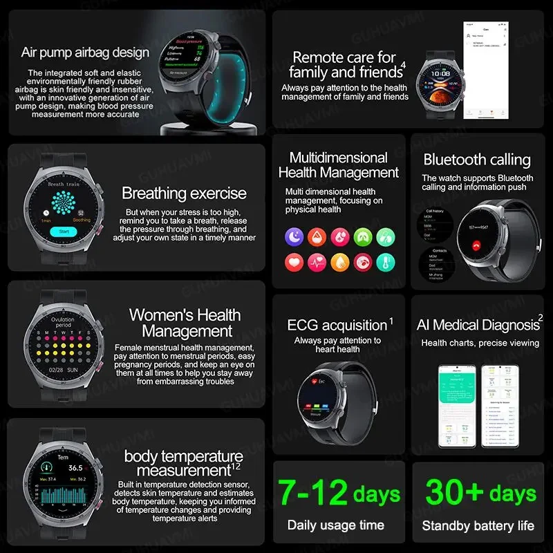 Фото Смарт-часы AMOLED с сапфировым стеклом, артериальное давление, ЭКГ, кислород в крови, воздушный насос, спортивные умные часы для отслеживания здоровья, NFC №2