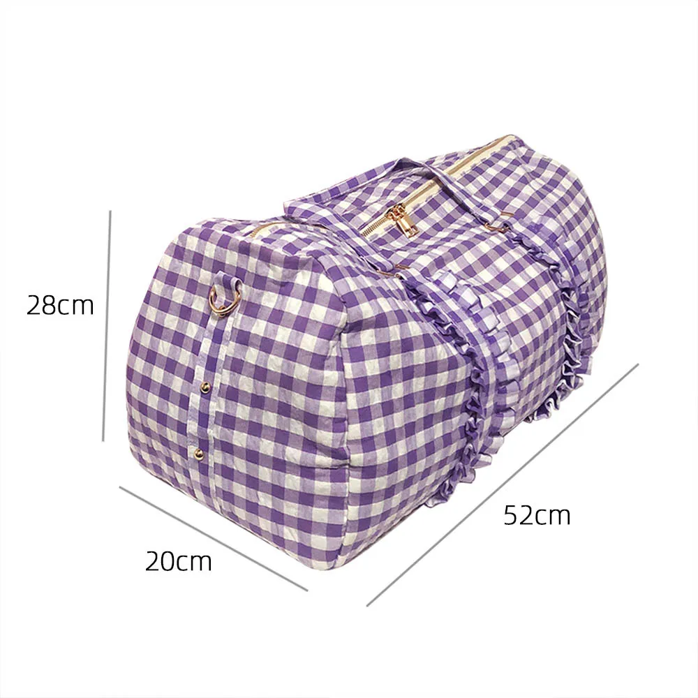 52CM Kids Ruffle Seersucker Duffel Bags Large Capacity Pink/Purple Plaid Gingham Travel Bag for Shcool Children Weekend Bag