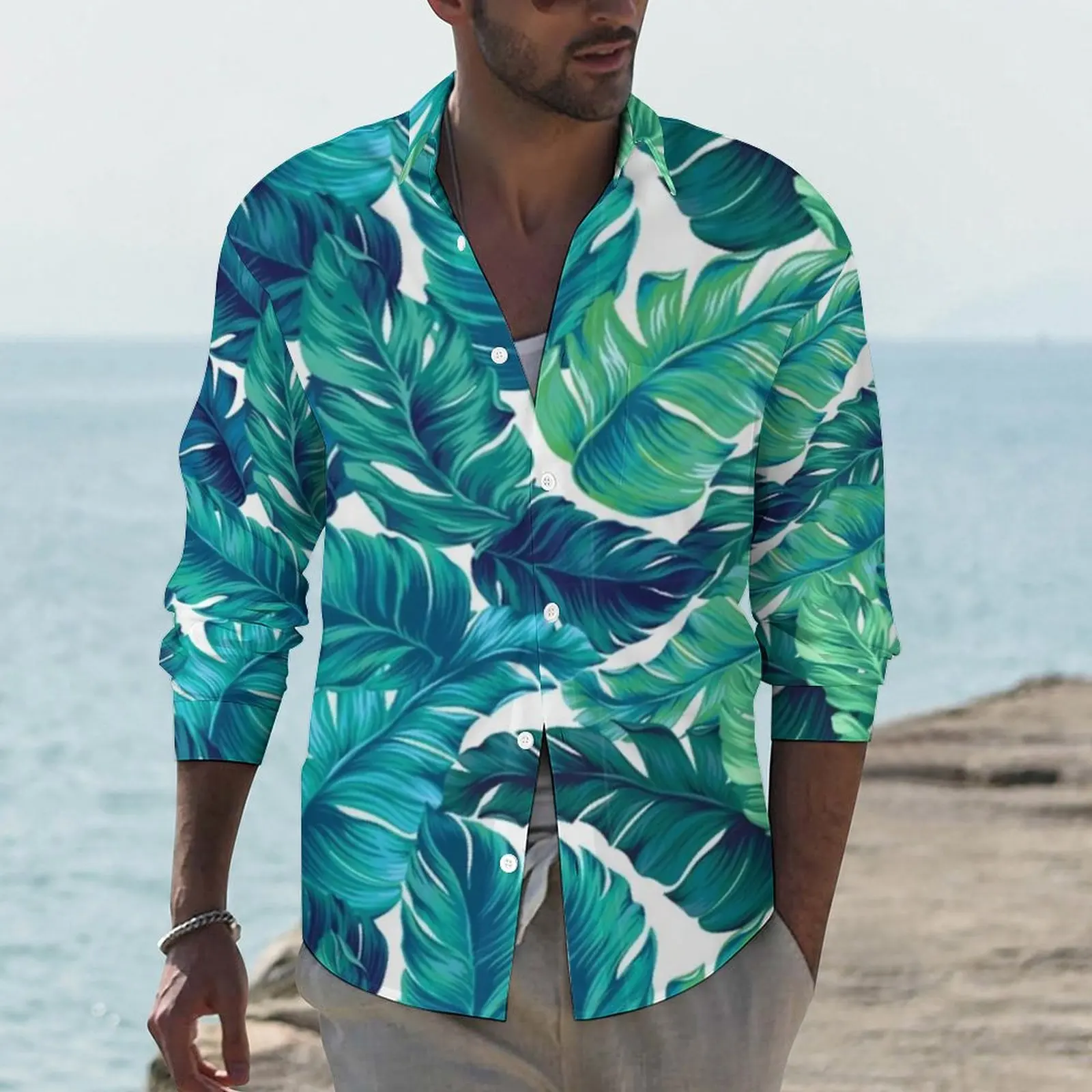 

Juicy Banana Leaves Casual Shirts Man Tropical Print Shirt Long Sleeve Trendy Stylish Blouses Autumn Printed Top Plus Size