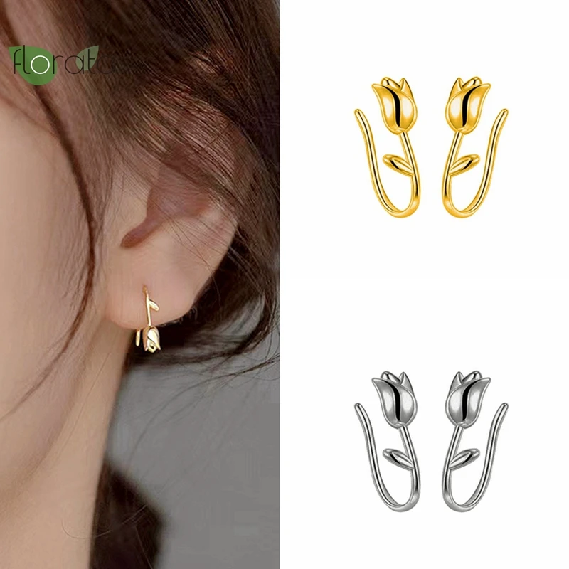 

925 Sterling Silver Needle Cute Tulip Flower Earrings Elegant Gold Hoop Earrings for Women Wedding Jewelry Fashion Accessories