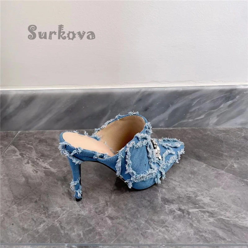 Denim Pointed Toe Crystal Pumps Sexy Fashion Thin Heel Pleated Trimmings Women's Sandals Elegant Concise High Heels Dress Shoes