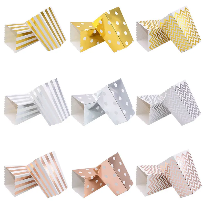 

6/12pc Gold Silver Dot Wave Striped Paper Popcorn Box Pop Corn Candy/ Sanck Favor Bag Xmas Wedding Kid Birthday Party Decoration