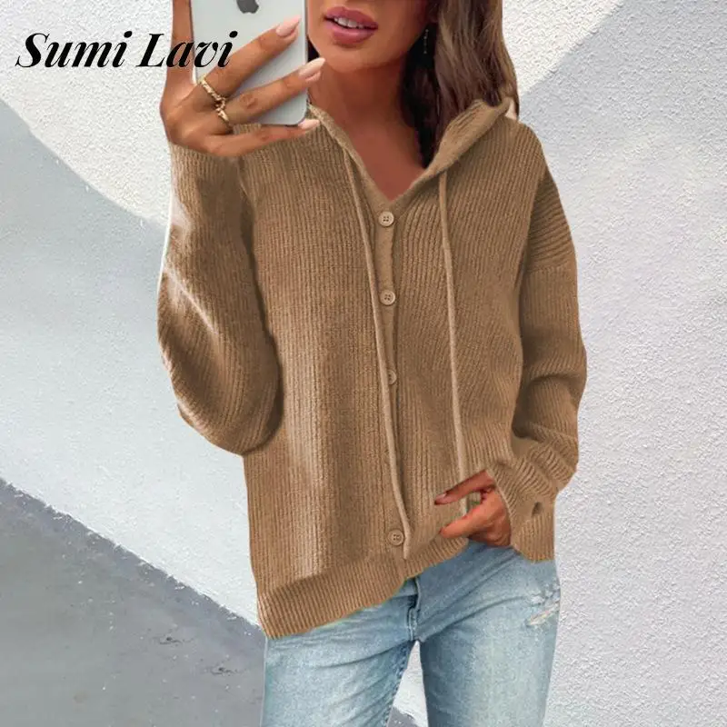 

New Vintage Long Sleeve Solid Knitted Outerwear Ladies Casual Loose Sweater Hoodies Autumn Winter Women Button Cardigan Sweaters