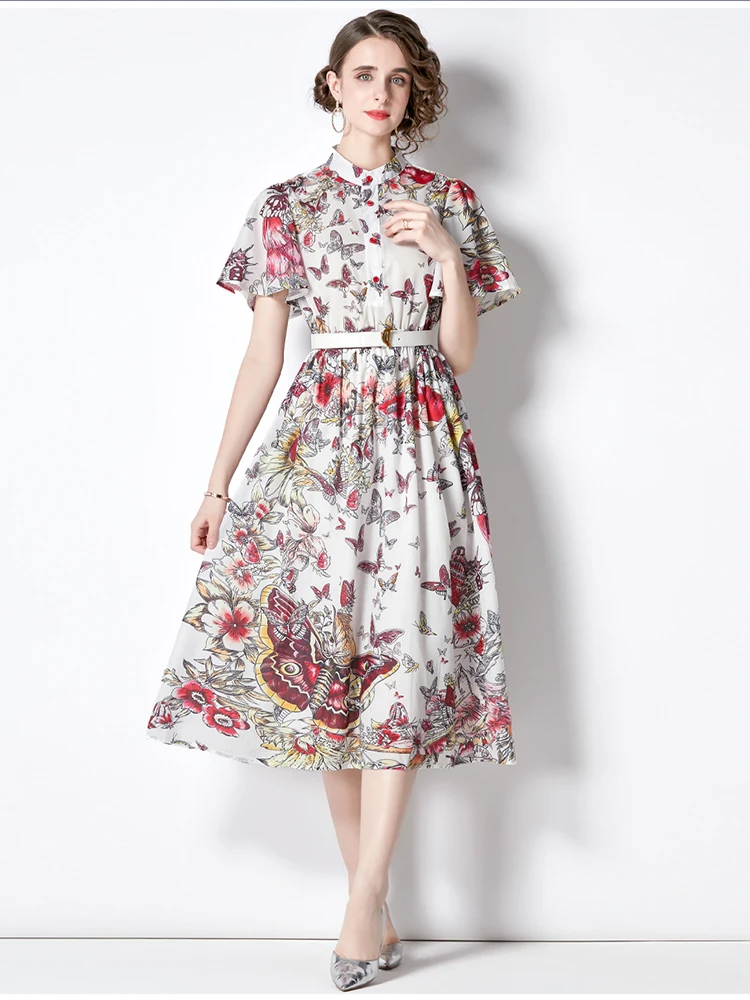

Banulin Summer Runway Designer Midi Dress Women's Stand Collar Bat Sleeve Butterflies Floral Print Belt Slim OL Party Vestidos