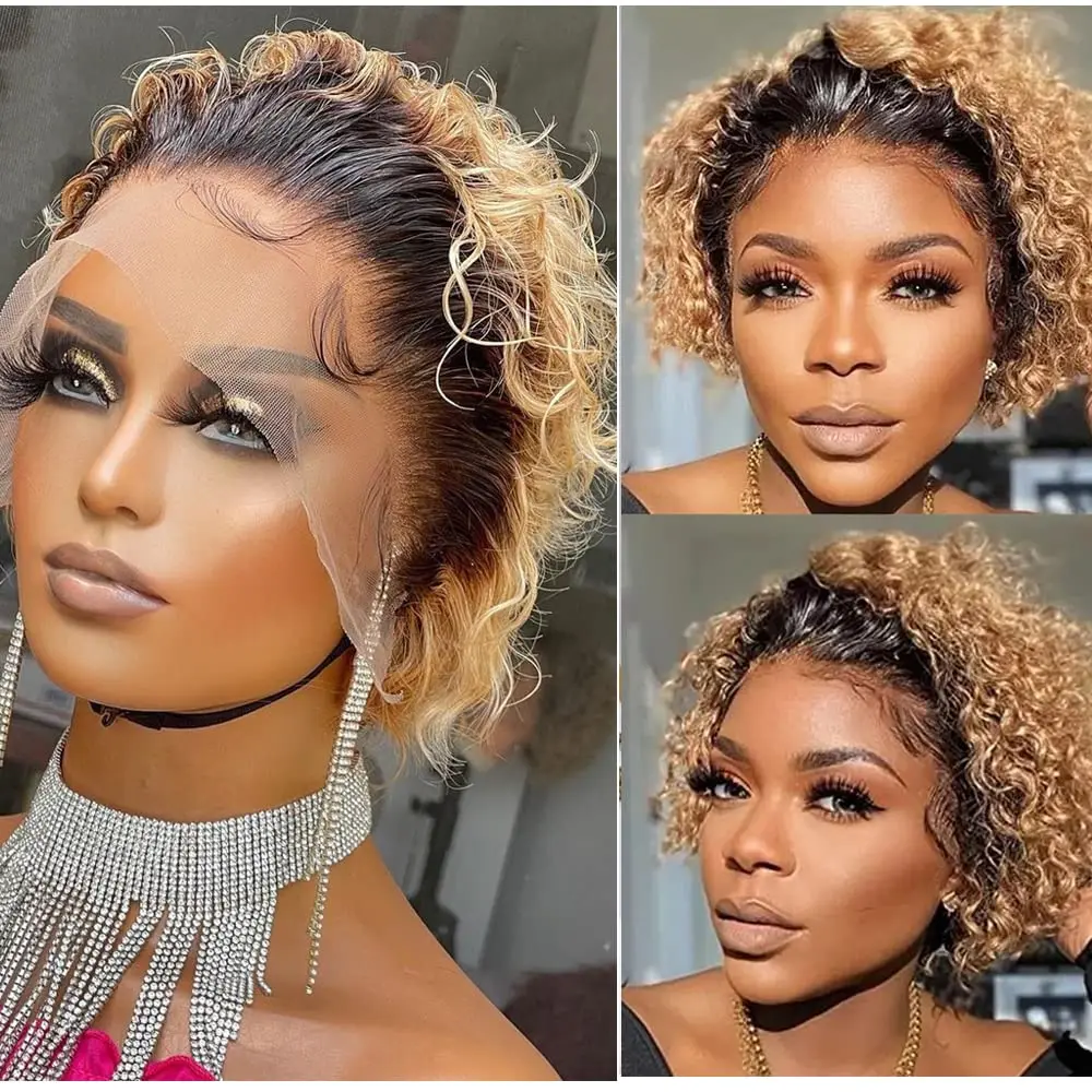 

Pixie Cut Lace Front Human Hair Curly Bob Wig 13x1 Lace Front Wig For Women Ombre Color 1B/27 Pre Plucked Bleached Knots Ubetta