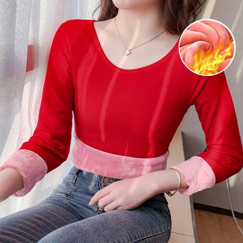 

Velvet Plus Fleece Top Round Neck Lace Bottoming Shirt Skinny Ladies Thermal Underwear Women Thickening Warm Winter