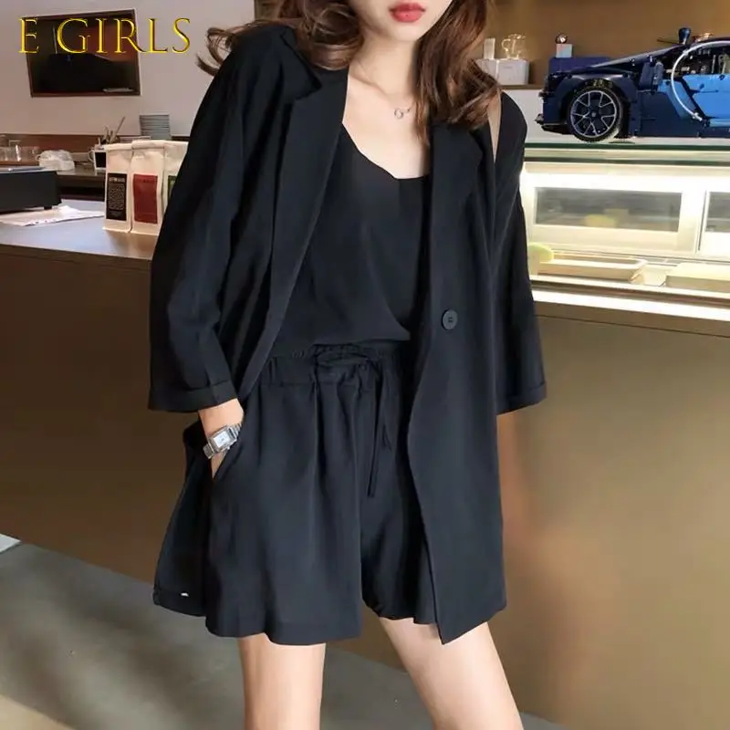 E GIRLS Women Sets Simple Elegant Basic Black Ladies 3 Piece Outfits Leisure Chic Korean Outwear Wide-leg Soft All-match Shorts