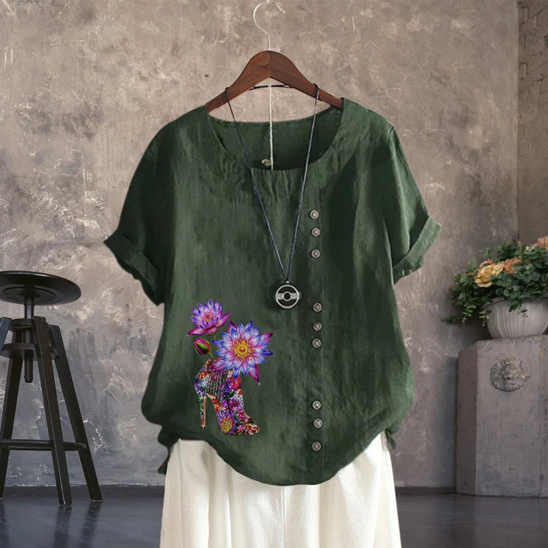 

11 Colors Ladies Summer Casual High Heel Printed Linen Tops Round Neck Short Sleeves Plus Size T Shirts Loose Tops XS-5XL