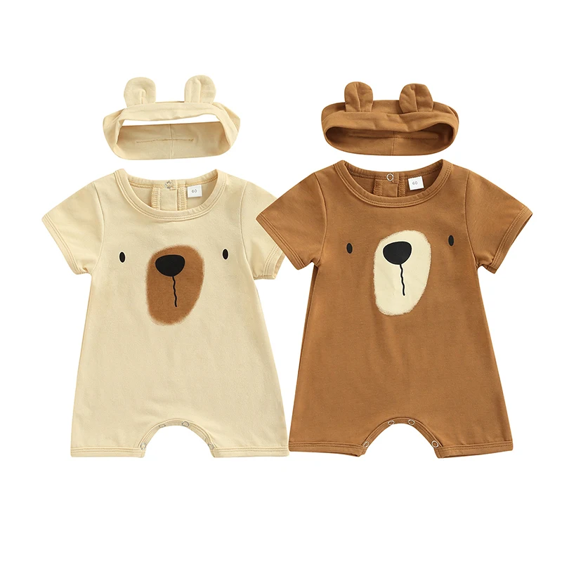

Summer Toddler Boys Outfit Sets Short Sleeve Round Neck Cartoon Bear Jumpsuit Headband Baby Clothing