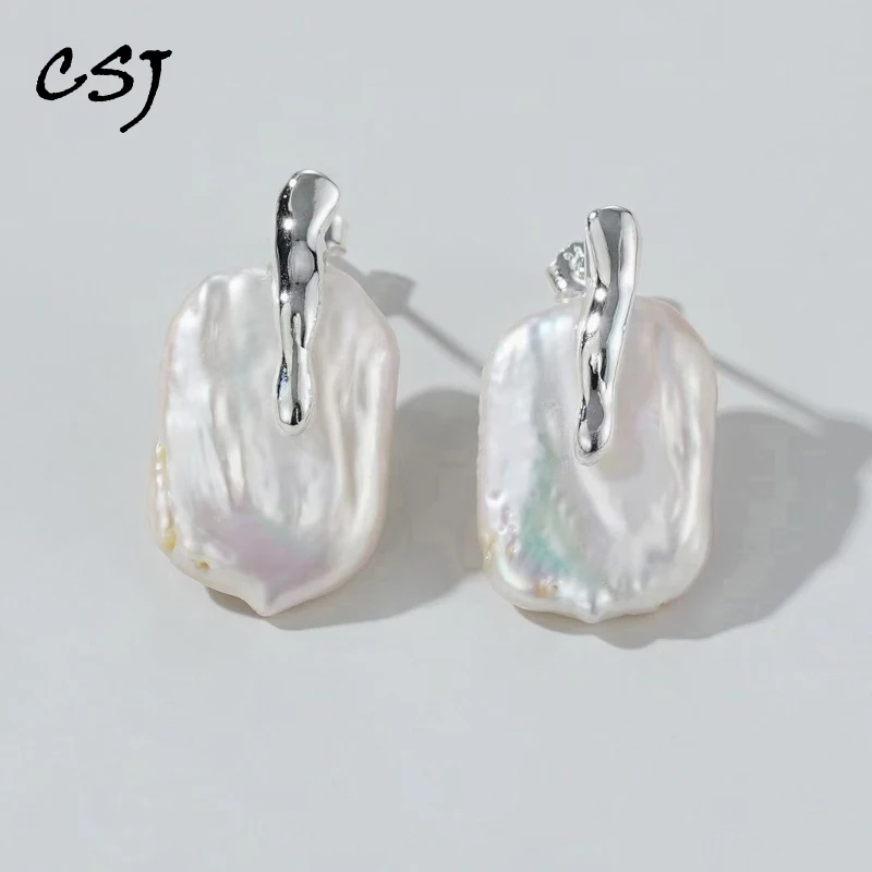 

CSJ Special Baroque Pearl Earrings Sterling 925 Silver Handmade Jewelry for Women Lady Wedding Party Birthday Gift