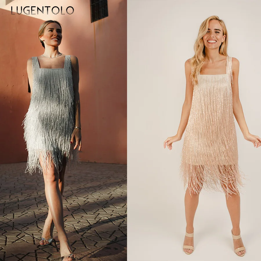 

Women Summer Dress Tassel Sleeveless Slim Party Pencil Dresses Lady Solid Spaghetti Strap Sexy Mini Dress