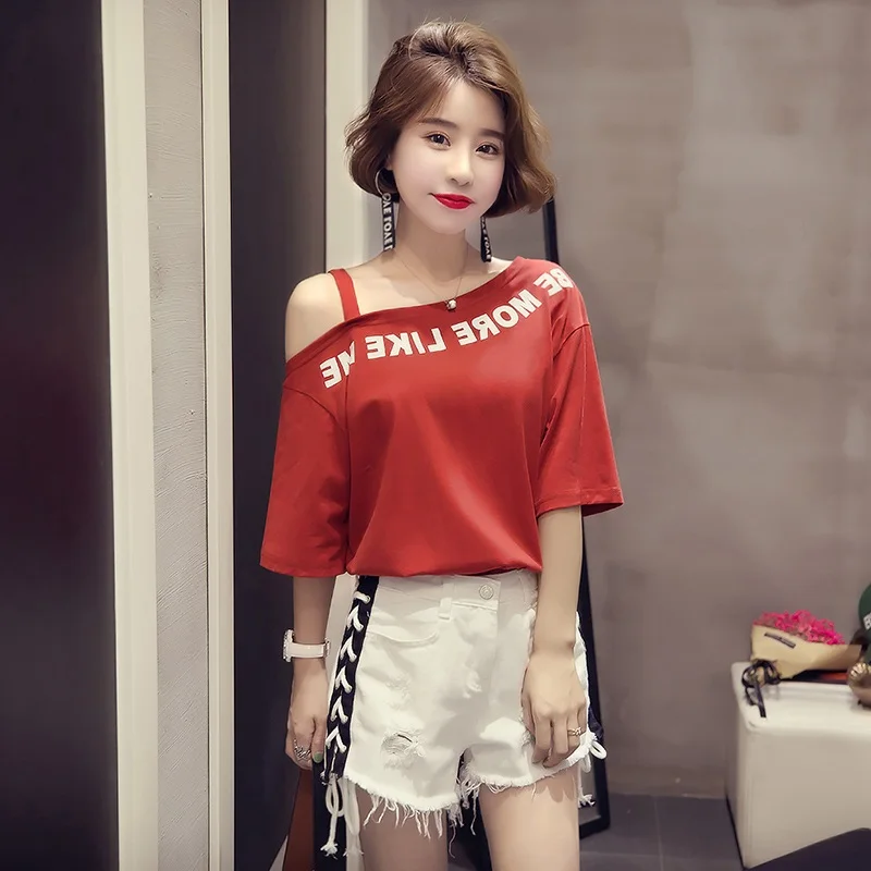 

T Shirt Women Ropa Mujer Korean Clothes Girl T-shirt Tops Off Shoulder Tshirt Fashion Shirts Summer 2020 Letter Print White Red