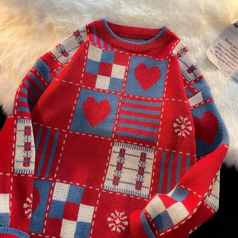 

Vintage Lovers Plaid Print Kawaii Womens Winter Sweaters Loose O-neck Pullovers Color Contrast Couples Fashion Clothes Casual