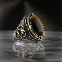 new copper material opening ring for men tiger eye onyx stone signet ring antique gold adjustable ring retro mens cuff rings