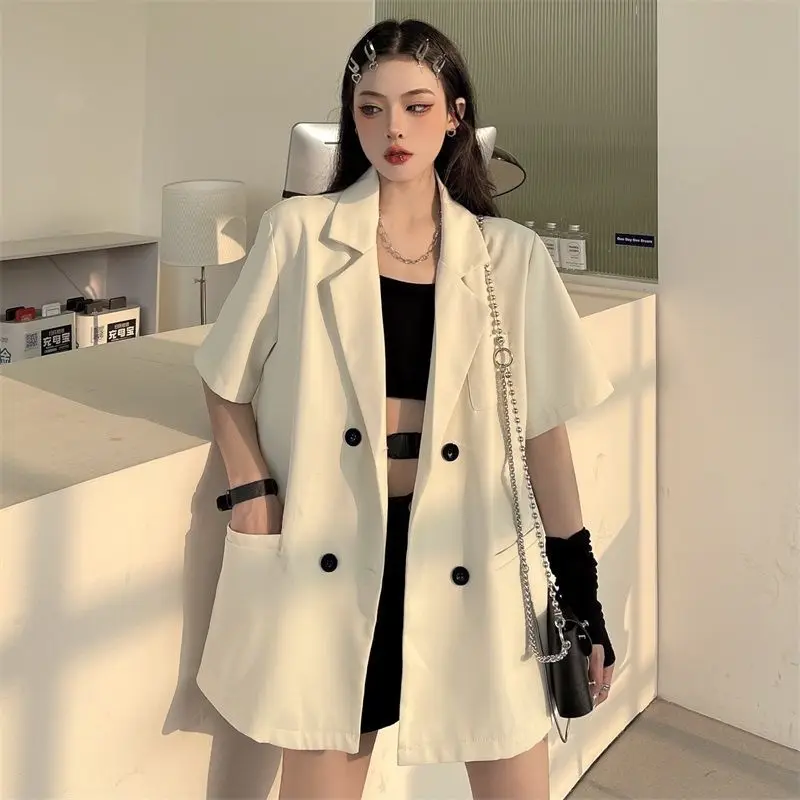Blazers Women Short Sleeve Fashion Leisure All-match Solid Double Breasted Summer Simple Chic Mujer Clothing Daily Korean Style