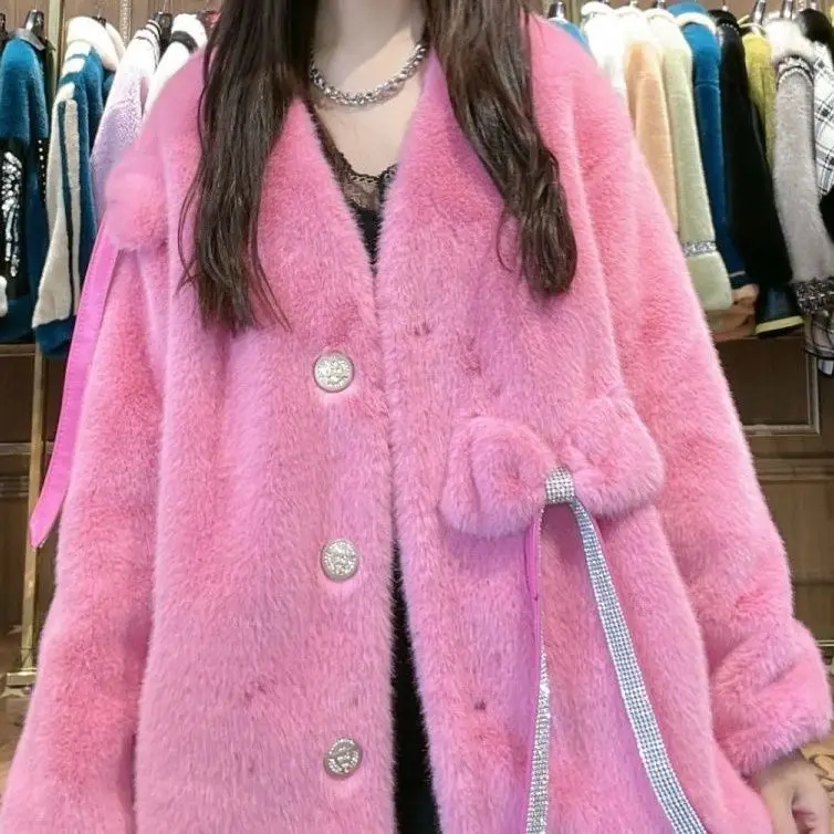 2022 Winter New Fashion High-End Thickening Warm Mid-Length Women Fur Coats Loose Slim Fit Sweet Elegant Long Sleeve Fur Jacket