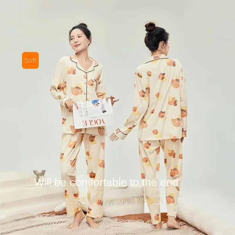 Spring / Summer New Cotton Long-sleeved Trousers Ladies Pajamas Suit 2XL Plus Size Long Sleepwear Women's home Nightwear