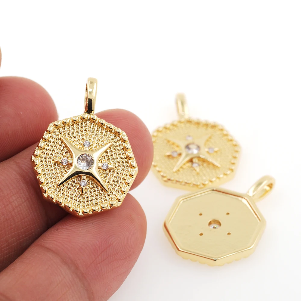 

2023 Fashion New Octagon Medal Pendant Gold Plated Copper Inset Zircon Geometric Charm Jewelry Accessories For Men Women