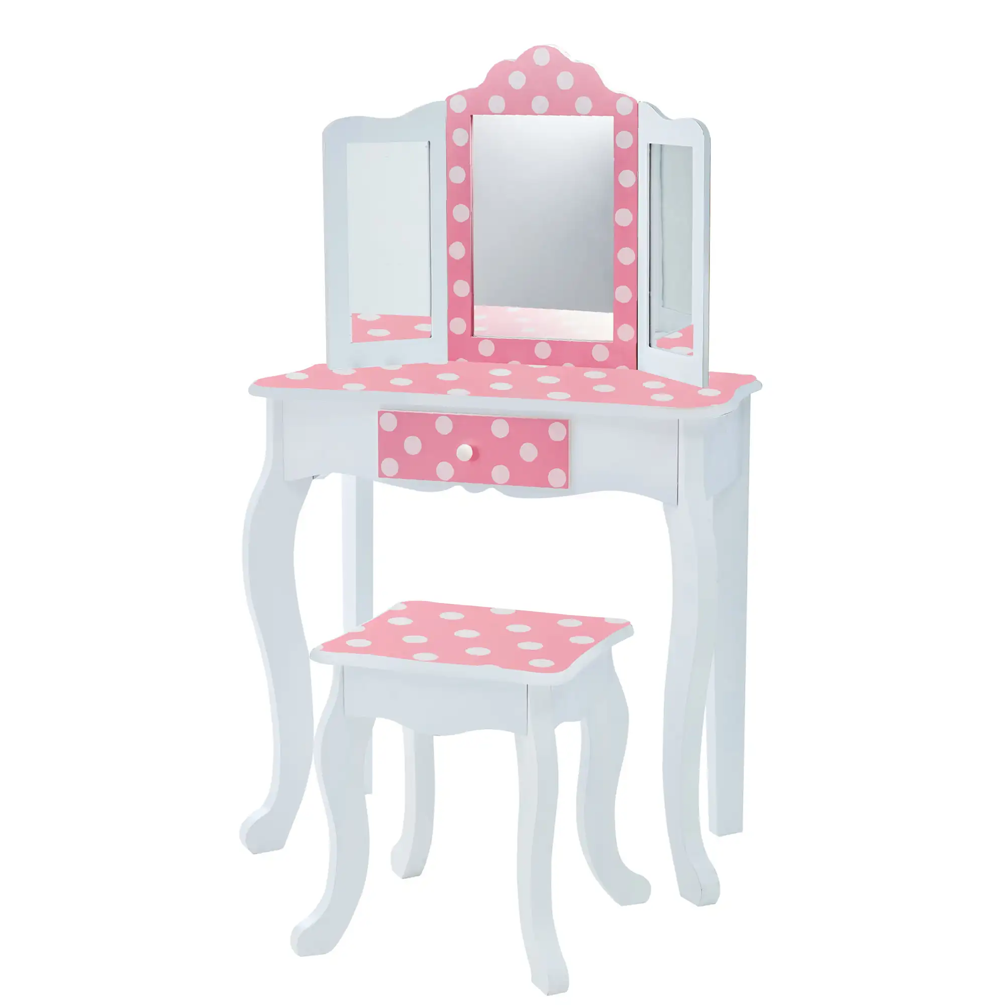 

Gisele Polka Dot Vanity Set with Tri-Fold Mirror and Chair, Pink/White