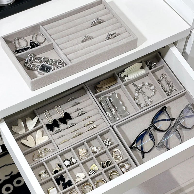 Jewelry Organizer Boxes Velvet Jewelry Storage Tray Display Ring Bracelet Necklace Storage Box Showcase Drawer Organizer Trays