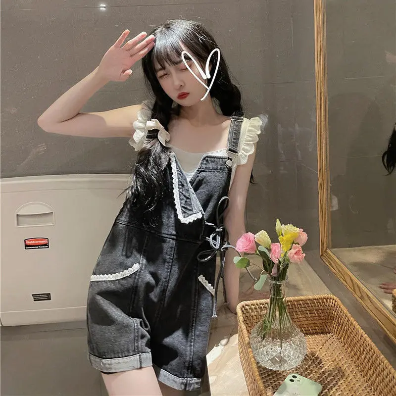 

Lace Strap Denim Shorts Women Summer New Retro Salt Series BF Loose Straight High Waist Wide Leg Pants Y2K Sweet Spicy Rompers