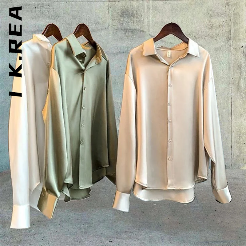 

I K.Rea Women New Shirt Office Lady Satin Imitation Silk Shirts Slim Sexy Friends Simple Tops Vintage Ladies Shirts Female
