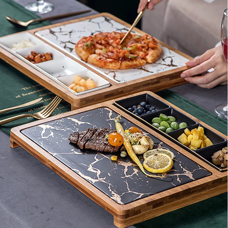 

Nordic Simple Ceramic Pizza Snack Plate Square Ceramic Plate Creative Marble Gold Pattern Western Plate with Plaid Steak Plate