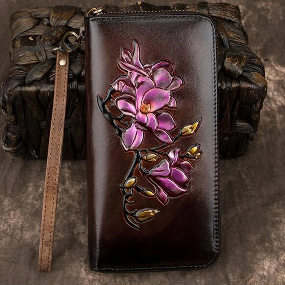 Women Clutch Wallet Zipper Bag Female ID Credit Cards Clips Floral Genuine Leather Embossed Printing Long Purse Wrist Money B | Багаж и