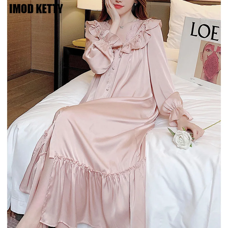 

Nightgowns Women Autumn New French Style Sexy Solid Ruffles Long Sleeve Loose Sleepwear Classy Casual Lounge Soft Sweet Homewear