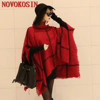 6 colors autumn outstreet warm out street loose knitwear with tassels knitted poncho cloak casual bat sleeves striped pullovers