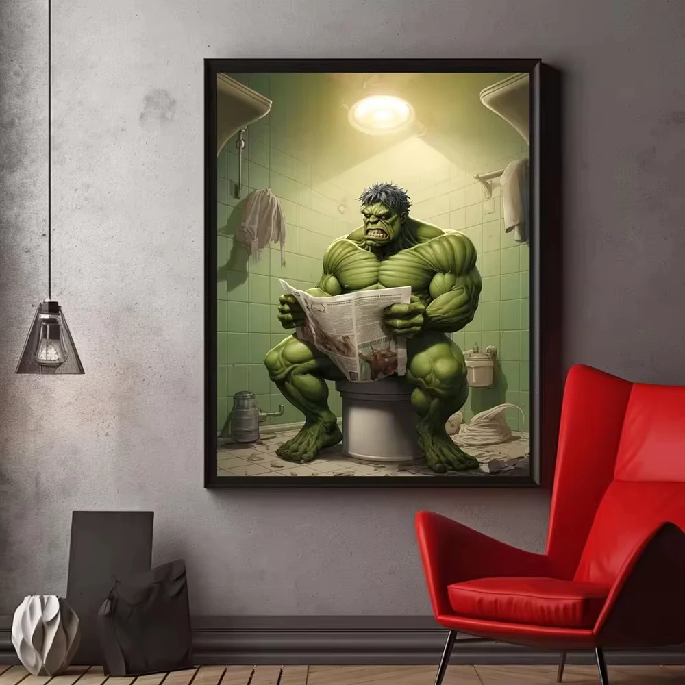 Фото Постер с забавными супергероями Marvel для туалета: Человек-паук, читает газету, мультяшный комикс, настенное искусство, холст, декор для комнаты №3