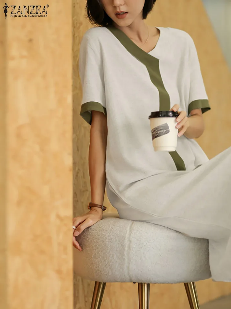 

2022 Summer Retro Solid Spliced Vestido Fashion Short Sleeve Dresses Women Oversized V Neck Robe ZANZEA Casual Knee Length Dress