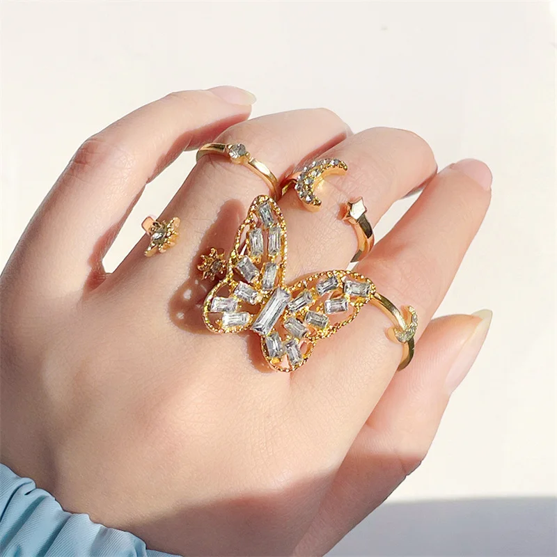 

Bohemian Butterfly Ring Set For Women Crystal Inlayed Flower Knuckle Ring Female Charm Jewelry Gift 2022 New