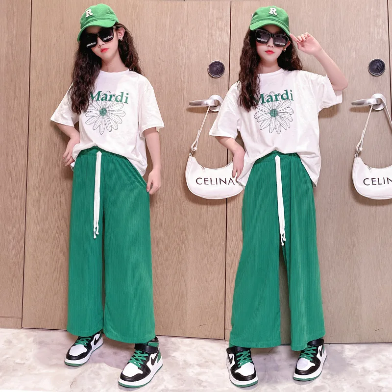 Корейская версия комплект для девочек летняя одежда хлопковая Футболка с